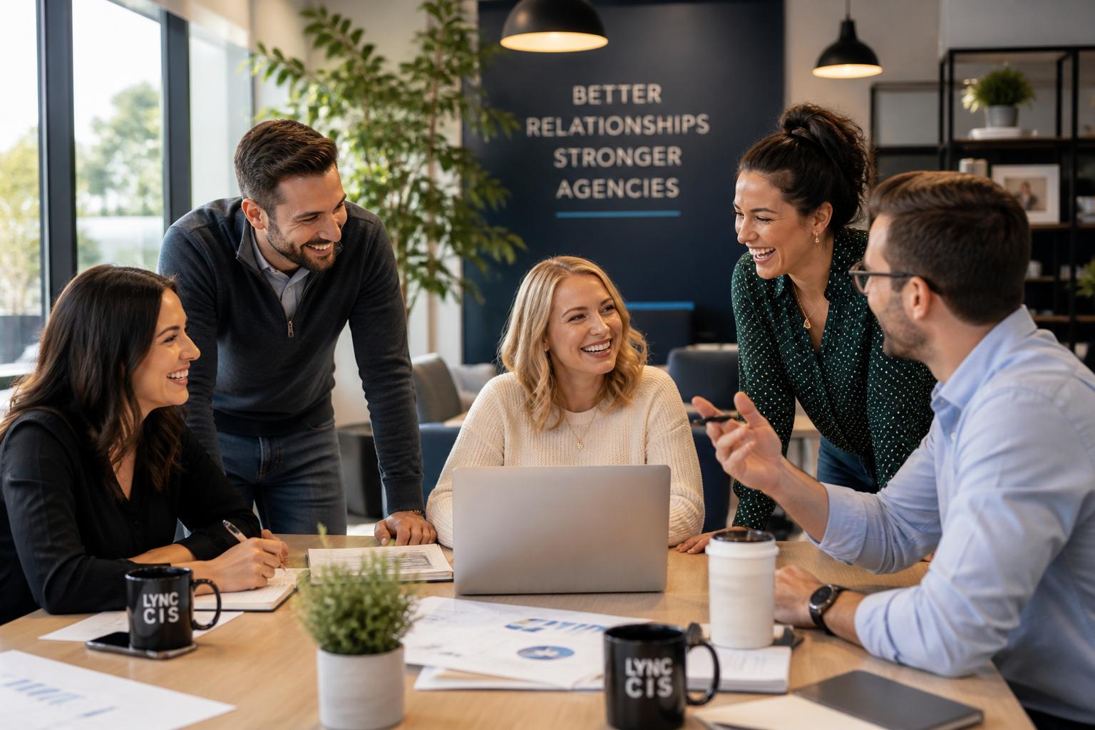 team of insurance agents collaborating in a modern office